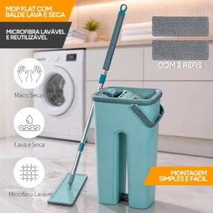 Mop Flat Lava e Seca com Balde Compacto e Refil Microfibra + 2 Refil