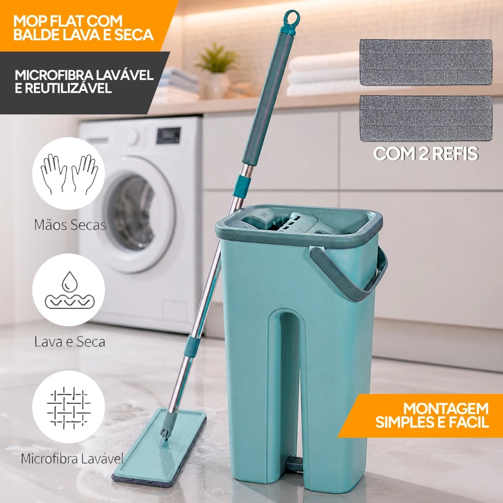Mop Flat Lava e Seca com Balde Compacto e Refil Microfibra + 2 Refil