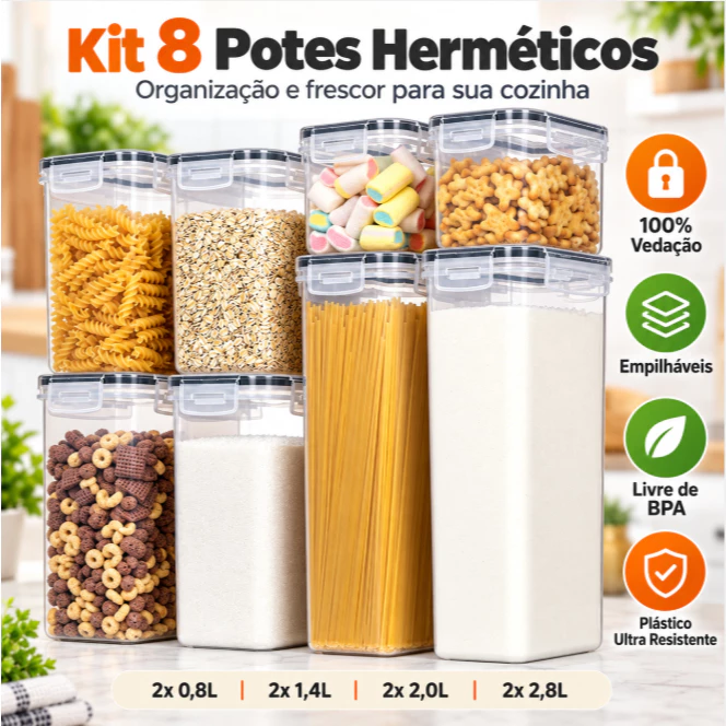 Kit 8 Conjunto de Potes Herméticos em Acrílico Cristal com Trava